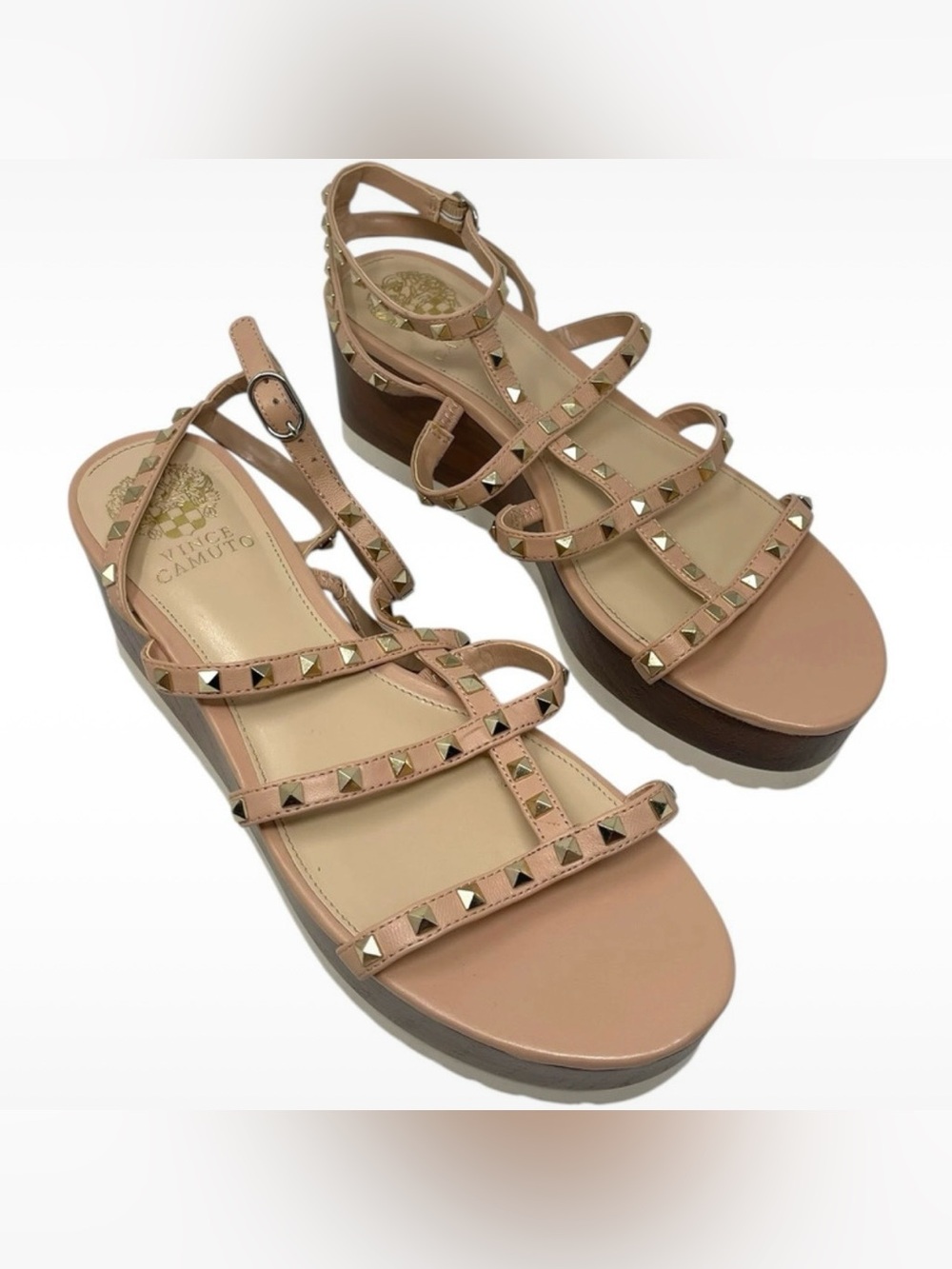 Vince Camuto “Pemolie” Studded Platform Wedge Sandals Tan Women’s Size 9.5